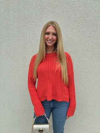 Miles Cropped Cotton Crew in Sunset Red