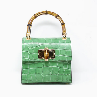 Genuine Italian Leather Bamboo Handle Bag in Kelly Green