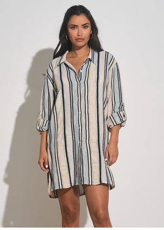 Boyfriend Shirt Dress in Natural Blue Stripe