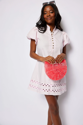 Button Front Mini Tunic Dress with Ric-Rac Inlay in Blush