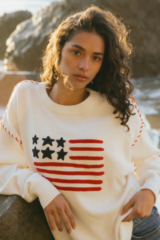 Riley Crewneck Sweater - American Flag in Ivory