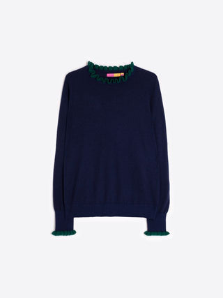 Knit Sweater in Navy with Green Ruffles