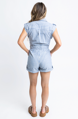 Belted Romper in Chambray Stripe