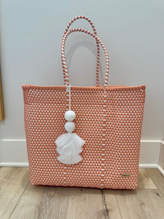 Salmon/White Checkers Jumbo Tote w/ White Tassel