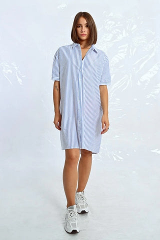 Iridescent Striped Shirt Dress in Light Blue