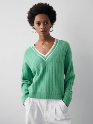 Cashmere Varsity Wide Rib V-Neck in Retro Green/White