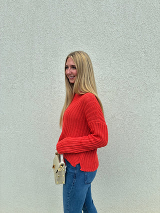 Miles Cropped Cotton Crew in Sunset Red