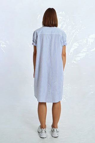 Iridescent Striped Shirt Dress in Light Blue