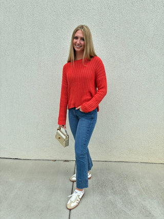 Miles Cropped Cotton Crew in Sunset Red