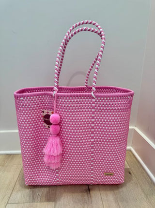 Pastel Pink/White Checker Jumbo Tote w/ Pink Tassel