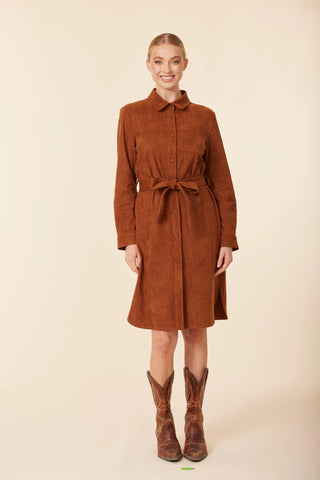 Faux Suede Belted Dress in Rust