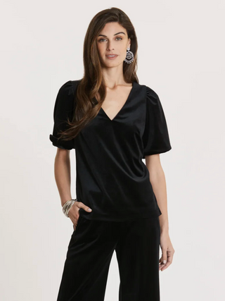 Claire Velvet Puff Sleeve Shirt in Black