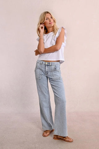 Wide Topstitched Woven Jeans in Light Blue