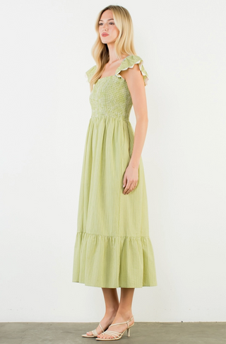 Ruffle Sleeves Smocked Tiered Dress in Green
