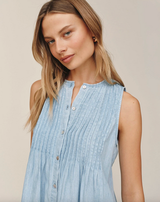 Pintuck Button Down Light Wash Denim Dress
