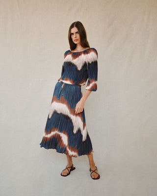 Pleated Skirt with Tie in Midnight Tides Print