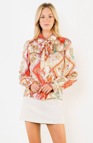 Satin Abstract Top with Tie Neck in Red