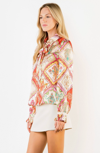Satin Abstract Top with Tie Neck in Red