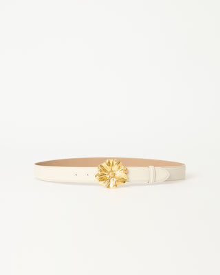 Cream genuine leather belt with a gold flower buckle 