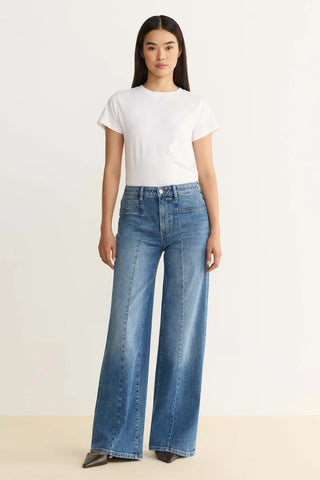 high waisted straight leg blue jeans