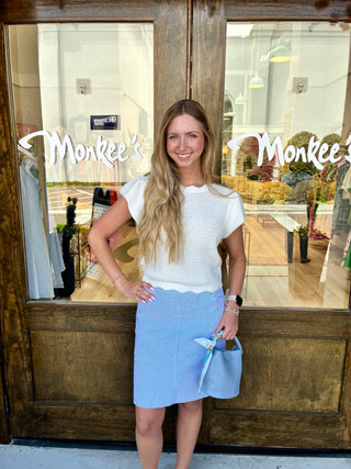 Woven blue and white chambray long business professional skirt 