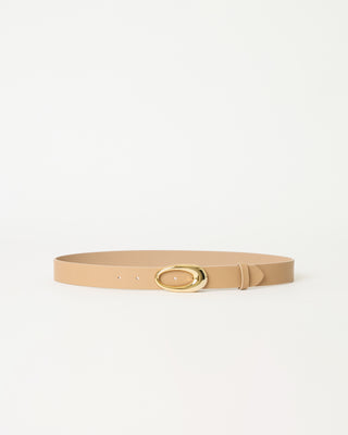 Tan genuine leather belt with gold circular buckle