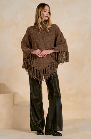 Fringe Turtleneck Poncho in Brown