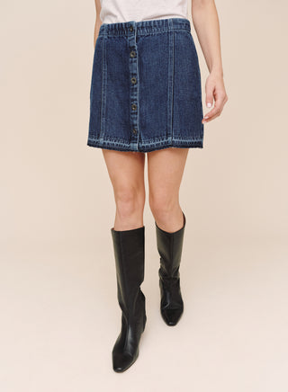 Button Front Mini Skirt in Dark Rinse Wash
