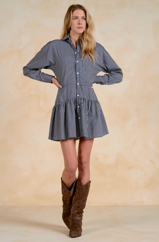 Long Sleeve Button Down Dress in Blue Stripe