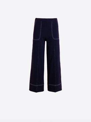 Navy blue pants with white stitching