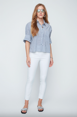 Woven Stripe Button Down Top in Indigo Combo