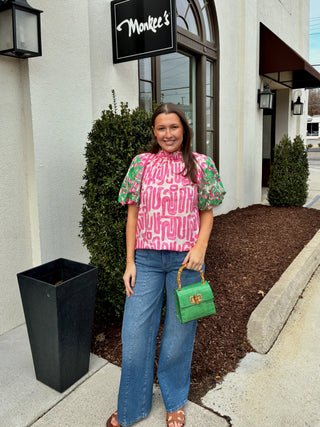 Embroidered Puff Sleeve Abstract Top in Pink