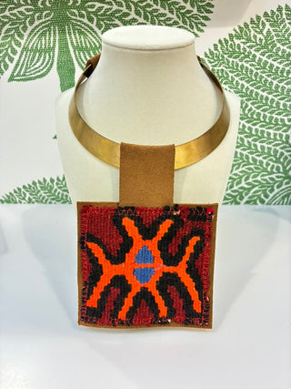 Orijinal Embroidered Kilim Pendant Necklace Rust/Orange