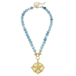 Gold Starfish on Aqua Fire Agate Necklace