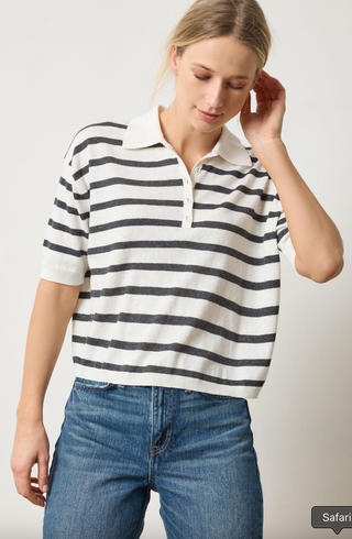 Drop Shoulder Striped Polo Neck Sweater