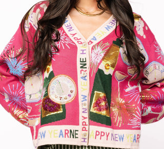 NYE Icon Button Up Cardigan With 'Happy New Year' Trim in Hot Pink