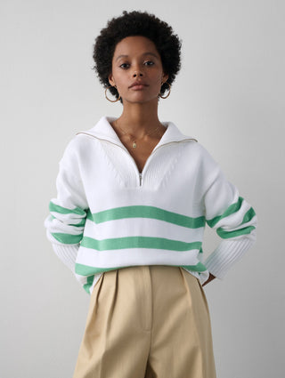 Organic Cotton Striped Quarter Zip in White/Lawn Green