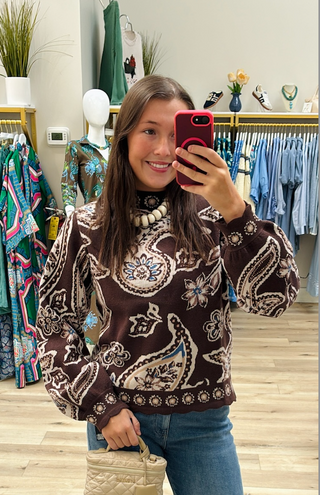 Long Sleeve Patterned Sweater in Brown