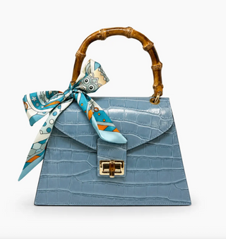 Luxury Italian Crocco Leather Bamboo Handle Bag in Light Blue