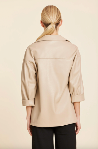 Faux Leather V Neck Johnny Collar Top in Sand