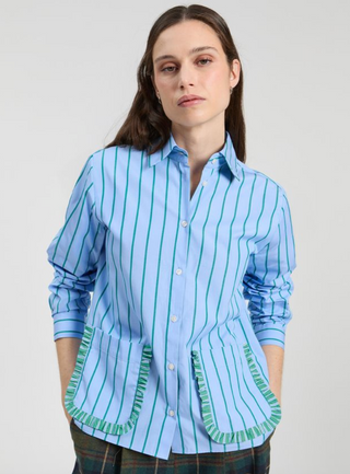 Striped Ruffle Button Down in Blue/Green