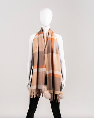 Plaid Narrow Woven Scarf with Fox Pom Poms in Orange