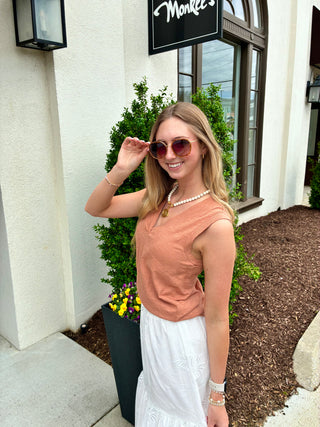 Banded V-Neck Tank in Sun Tan