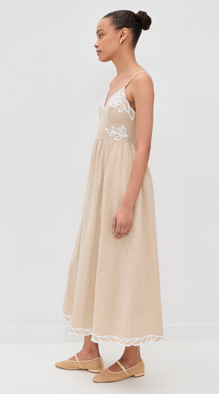 Spaghetti Strap Embo Artwork Midi Dress in Taupe