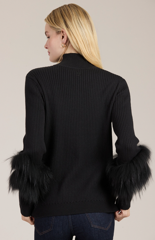 Cotton Cashmere Mock Neck Fur Sweater in Black