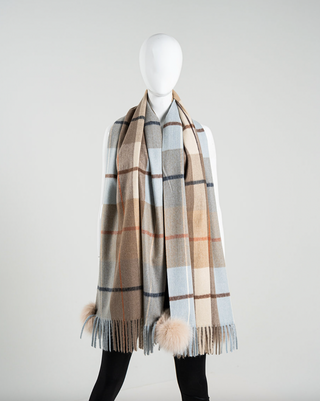 Plaid Scarf with Fox Pompoms in Blue