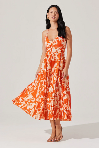 Blythe Floral Plisse Midi Dress in Hot Orange