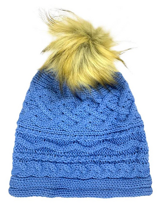 Cable Knit Pom Pom Hat in Peri Blue
