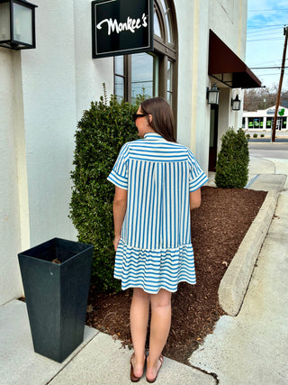 Short Sleeve Striped Tiered Dress in Blue