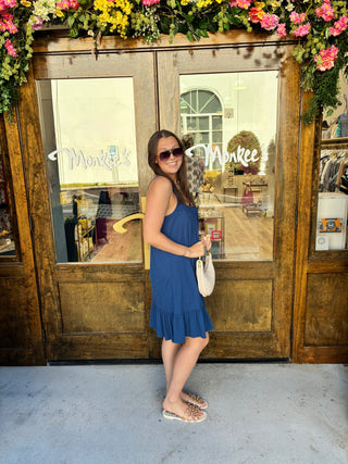 Shirred Cami Ruffle Dress in Naval